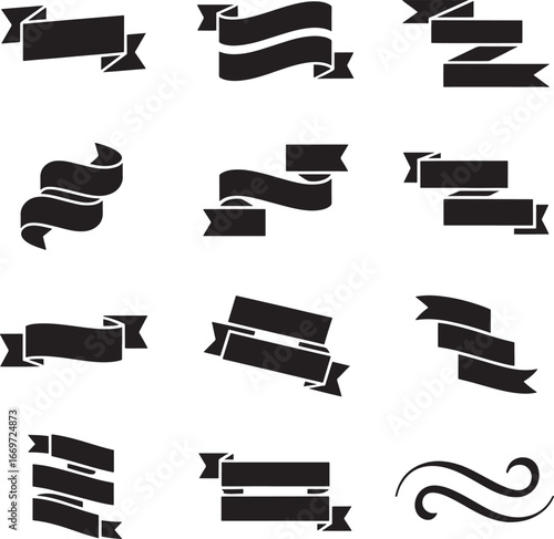 Collection of black silhouetted ribbon banners and decorative swirls