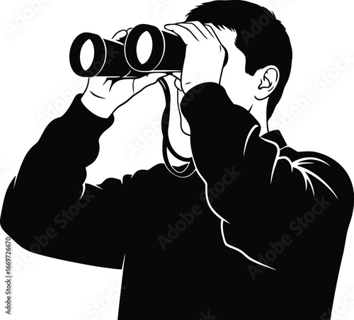 A man is looking through binoculars, searching for something in distance with optical instrument