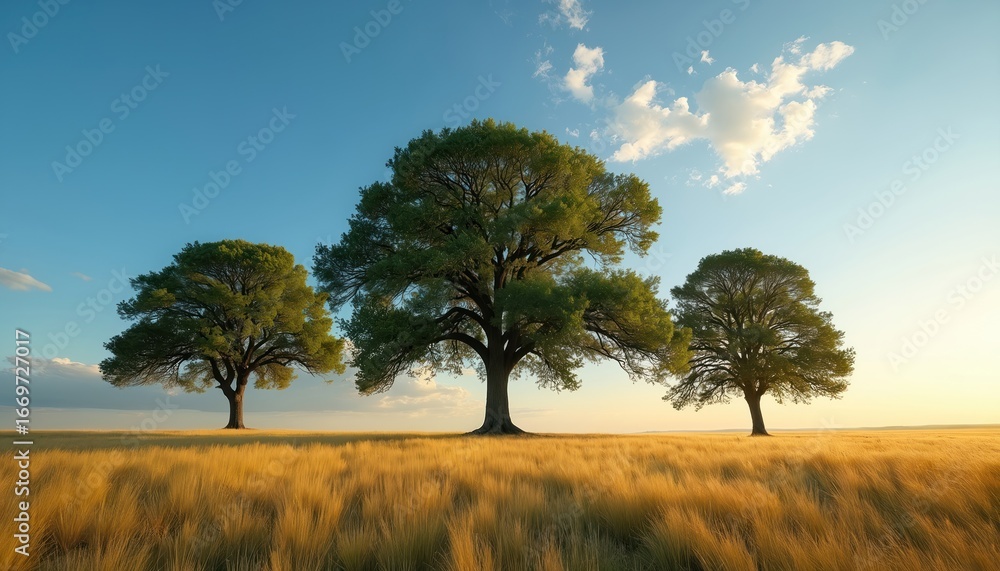Fototapeta premium Three large green trees stand in golden field under vast blue sky with scattered clouds. Sunlight bathes landscape creating peaceful, tranquil summer atmosphere. Scene suggests serenity, natural