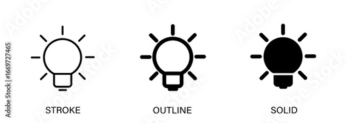 Light bulb icon with editable stroke, outline and solid styles. Vector icon for idea, creativity, thinking, light and ui design.