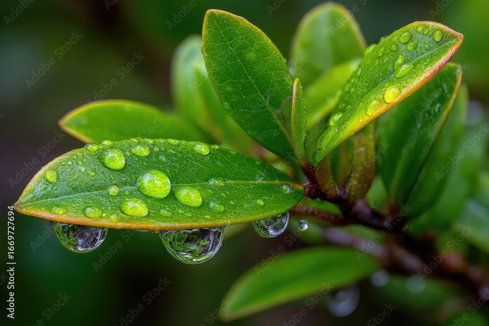 Fototapeta premium Close-up of wet leaves with dew drops