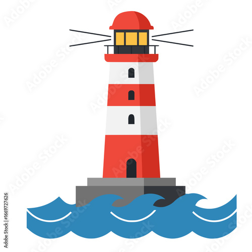Flat vector illustration of a lighthouse with ocean waves