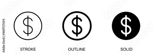 Coin icon with editable stroke, outline and solid styles. Vector icon for ui design, finance, bank, money, transaction.