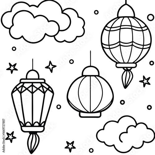Wallpaper Mural Delicate black and white line art of floating paper lights coloring page vector art design Torontodigital.ca