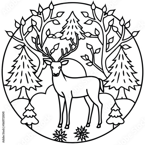 Graceful deer standing calmly at the center of circle coloring page vector art design