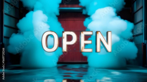 Industrial Garage with Teal Smoke and Illuminated OPEN Sign