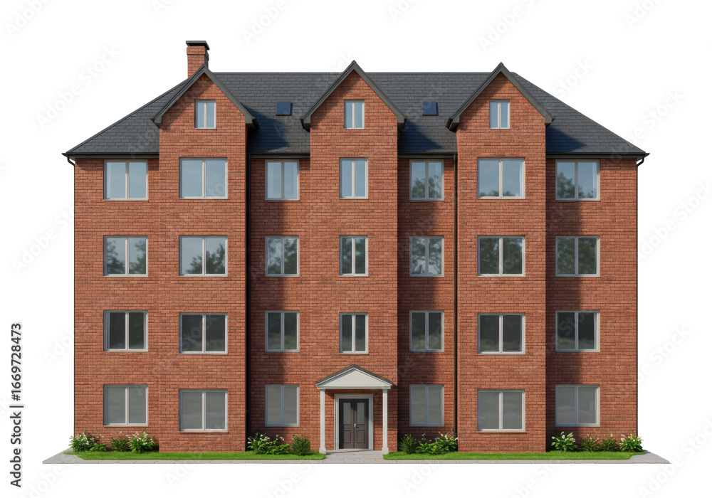 Fototapeta premium Isolated brick apartment building with grey roof, front view, architectural rendering