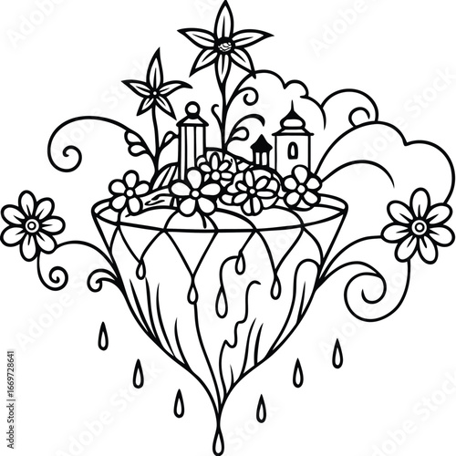 Whimsical floating island adorned with cascading coloring page vector art design