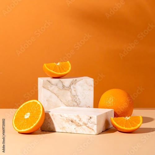 Elegant white marble podiums showcase vibrant orange slices and whole oranges against a warm, orange backdrop.