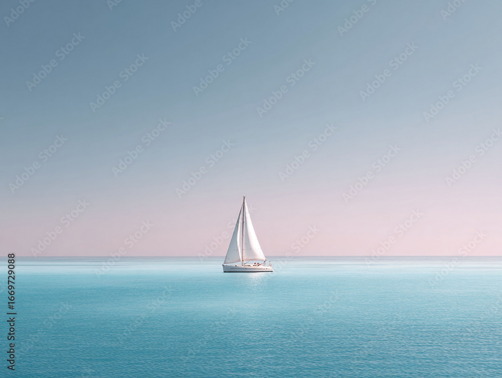 Obraz premium Serene seascape featuring a sailboat gliding on calm turquoise waters under a pastel sky. Symbolizes freedom, journey, minimalism, and tranquility. Ideal for travel or lifestyle.
