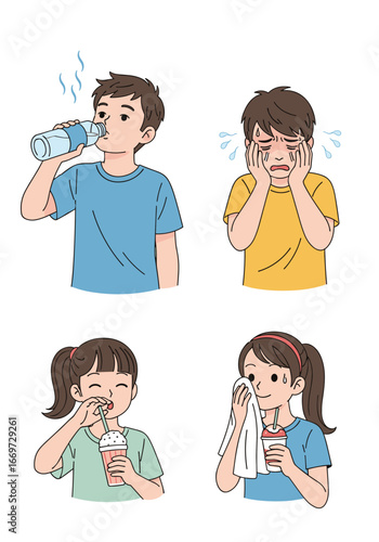 Children experiencing heat discomfort and seeking relief from the summer sun