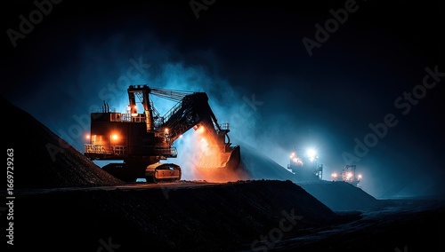 Night mining operation. Huge excavator at work