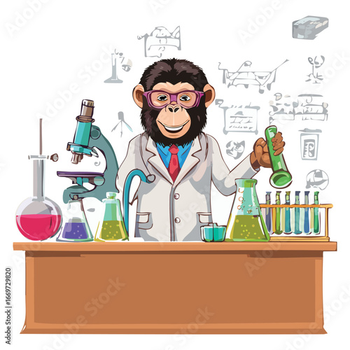 Chimpanzee scientist in a lab coat and goggles with bubbling beaker.