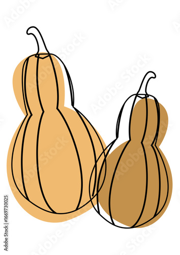 Minimalist line art gourds illustration with flat orange color. Decorative fall element for seasonal and thanksgiving design.