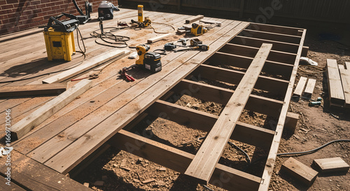 Construction project shows wooden deck framing and tools for building outdoor structure