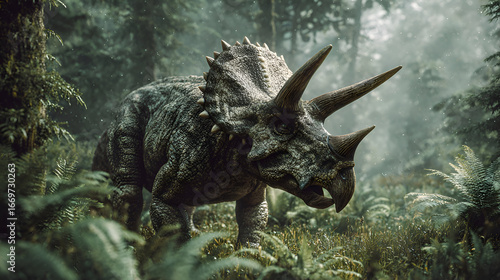 Majestic Triceratops roaming a prehistoric forest, stunning detail, perfect for educational projects, captivating visual narratives, and creative design needs