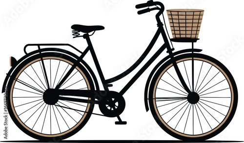 Classic black city bicycle with wicker basket on front ideal for commuting and leisure riding white background