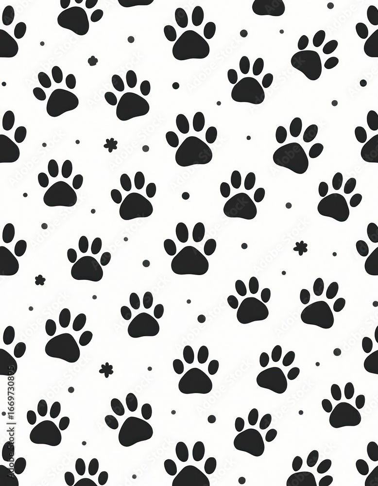 Fototapeta premium Seamless pattern features playful black dog paw prints on white background. Various sizes, orientations of paw motifs repeat, creating cute, adorable animal print design. Ideal for textiles,