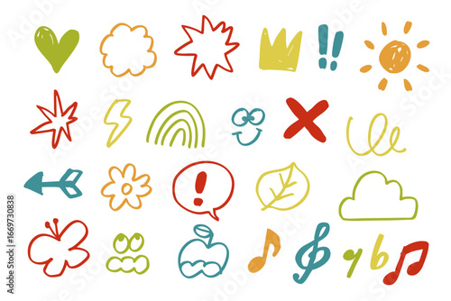手描き風カラフルアイコンセット ハート 花 音符 太陽 雲 虹 矢印 葉っぱなどのポップでシンプルな落書き風イラスト素材