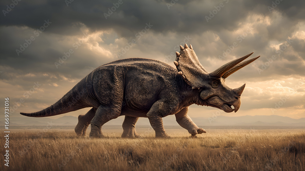 Fototapeta premium Majestic Triceratops roaming vast prehistoric landscape under dramatic, cloudy sky, evoking wonder and ancient times