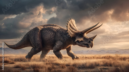 Majestic Triceratops roaming prehistoric landscape under dramatic, cloudy skies, perfect for educational projects and fantasy art