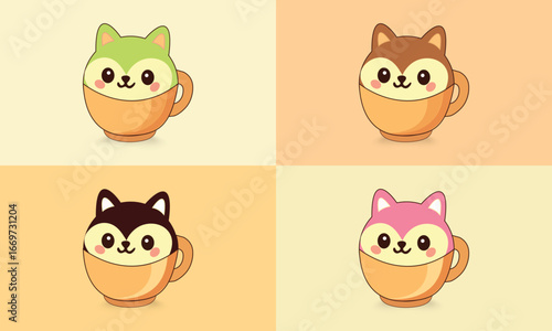 Cute Cat Popping Out of Coffee Cup Illustration. Cute kitten pattern. Illustration of a cute kittens sitting in the cups.