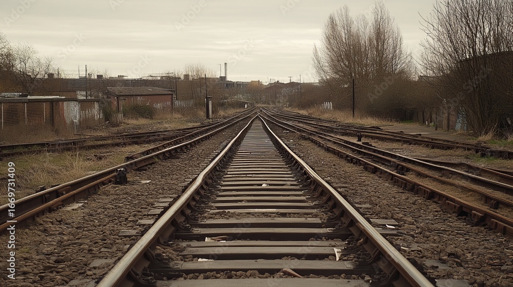 Fototapeta premium Empty railway tracks extending into a muted industrial landscape