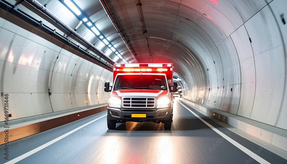 Fototapeta premium Emergency Response: A striking ambulance speeds through a tunnel, emergency lights flashing, showcasing rapid response and urgency.
