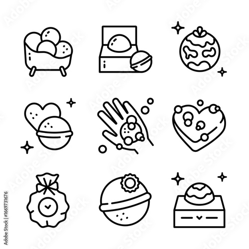 Bath salts bomb outline icons set. Vector simple illustration from beauty concept. Bath Bomb Packaging. Sparkling sea salt ball for aromatherapy and relaxation.
