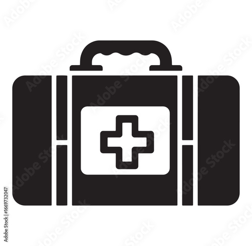 Black and white illustration of a medical first aid kit with a prominent white cross symbol