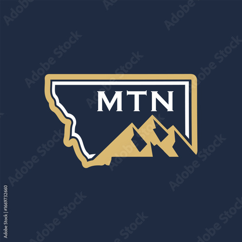 The image shows a flat badge design of a Montana outline map with mountain and initials MTN in white and brown color that looks clean and sharp on a black background