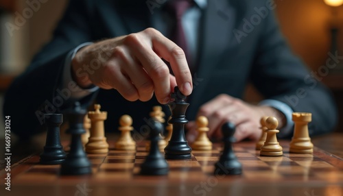 Wallpaper Mural Man in suit plays chess, moving black king piece. Chess game board with white and black pieces. Represents strategy, decision making, and business planning. Focus on careful move and competition. Torontodigital.ca