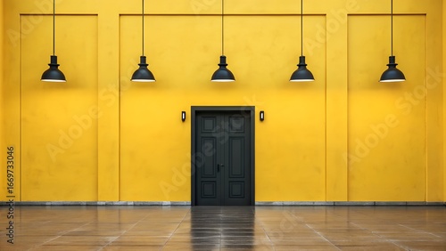 Urban Contrast – Yellow Wall with Industrial Pendant Lights and Centered Gray Door, Architecture, Graphic Design, Modern Aesthetic, Symmetry, Bold Color, Editorial