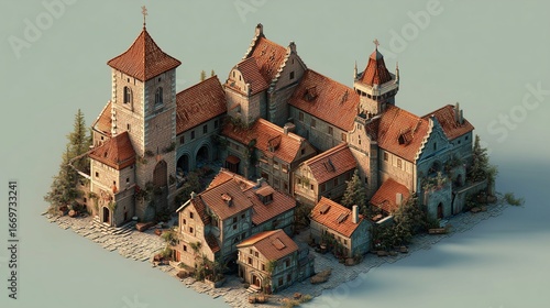中世の建築のイメージ、シンプル3Dイラスト