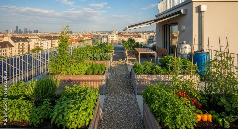 Obraz premium Rooftop Garden with Cityscape View