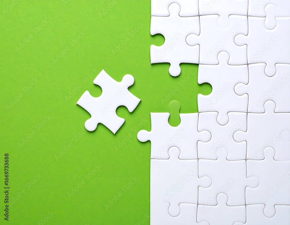 Obraz premium White jigsaw puzzle piece missing from a green background