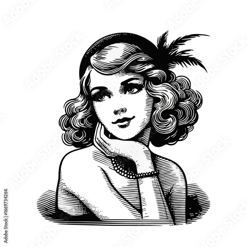 Elegant retro woman portrait in woodcut engraving style, featuring a feather hat, pearl necklace, and curly hair.