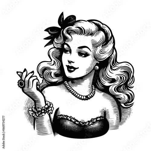Elegant Retro Pin-Up Woman Illustration with Pearl Necklace and Curly Hair