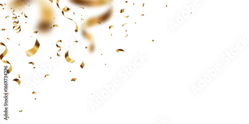 Gold confetti and ribbon vector background for holiday, carnival poster, banner