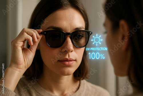 Woman Checking UV Protection of Sunglasses with a Holographic Display