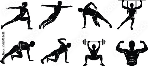 Fitness workout silhouette vector illustration, men and women training, gym exercise poses, body strength workout, personal training, fitness body icons.