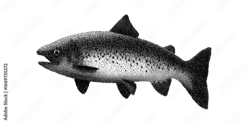 Obraz premium Pointillism Illustration Of A Fish. Artistic Representation Of Marine Life In Black And Isolated On Transparent Background