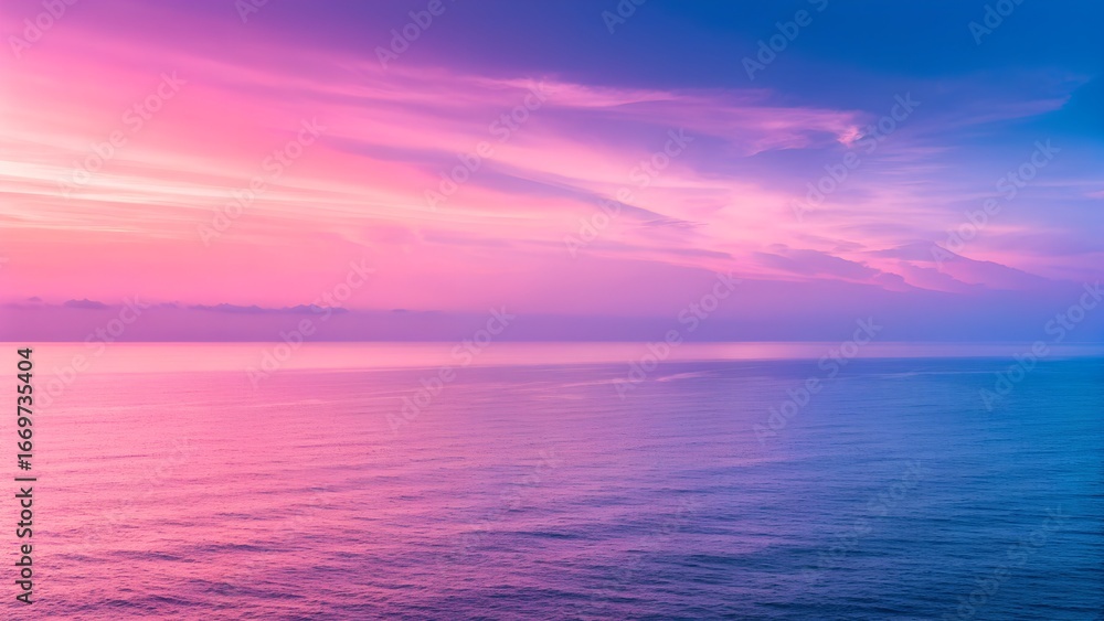 Obraz premium Tranquil ocean horizon at sunrise with pink and blue sky reflections – Nature, calm, water, pastel, sunset, clouds, peaceful