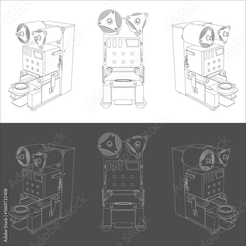 Detailed Wireframe Line Drawing Set of an Automatic Cup Sealer Machine