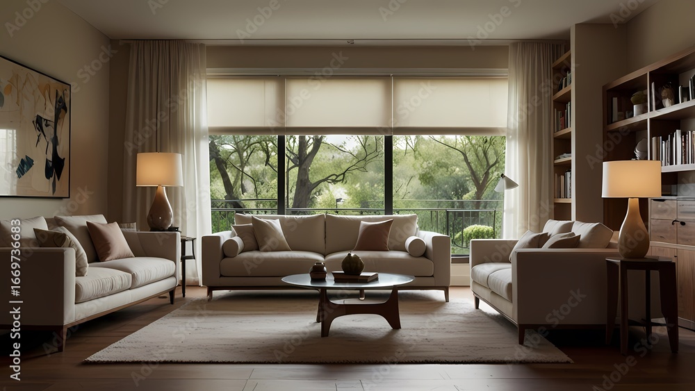 Fototapeta premium Modern living room interior with a comfortable sofa, fireplace, and contemporary furniture