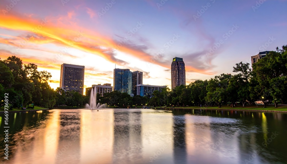 Obraz premium A tranquil park by a shimmering lake reflects the vibrant sunset hues, with city skyscrapers in the background, creating a serene urban landscape.