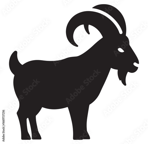 Silhouette of a majestic goat standing proudly with impressive curved horns on white background