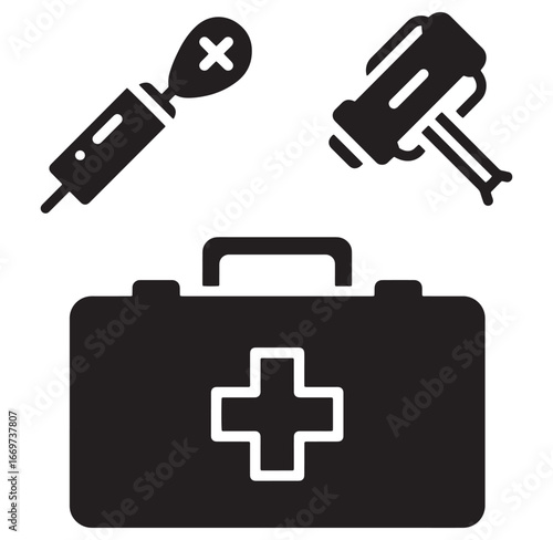 Simple black and white medical icons depicting a first aid kit and related tools