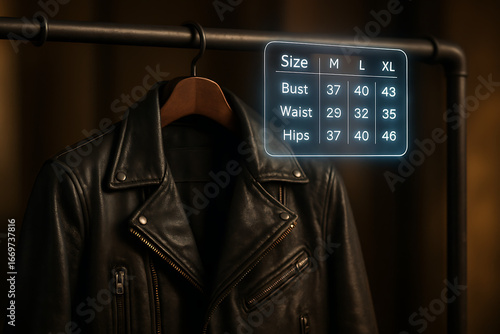 Leather Jacket with a Holographic Size Chart in a Clothing Store