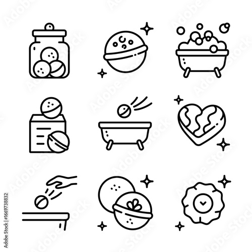 Bath salts bomb outline icons set. Vector simple illustration from beauty concept. Bath Bomb Packaging. Sparkling sea salt ball for aromatherapy and relaxation.